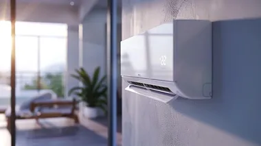 Klimatyzator ścienny w nowoczesnym salonie, wyświetlający temperaturę 22°C.