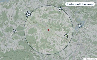 Mapa okolic miasta z sylwetkami samolotów — Niebo nad Limanową na żywo