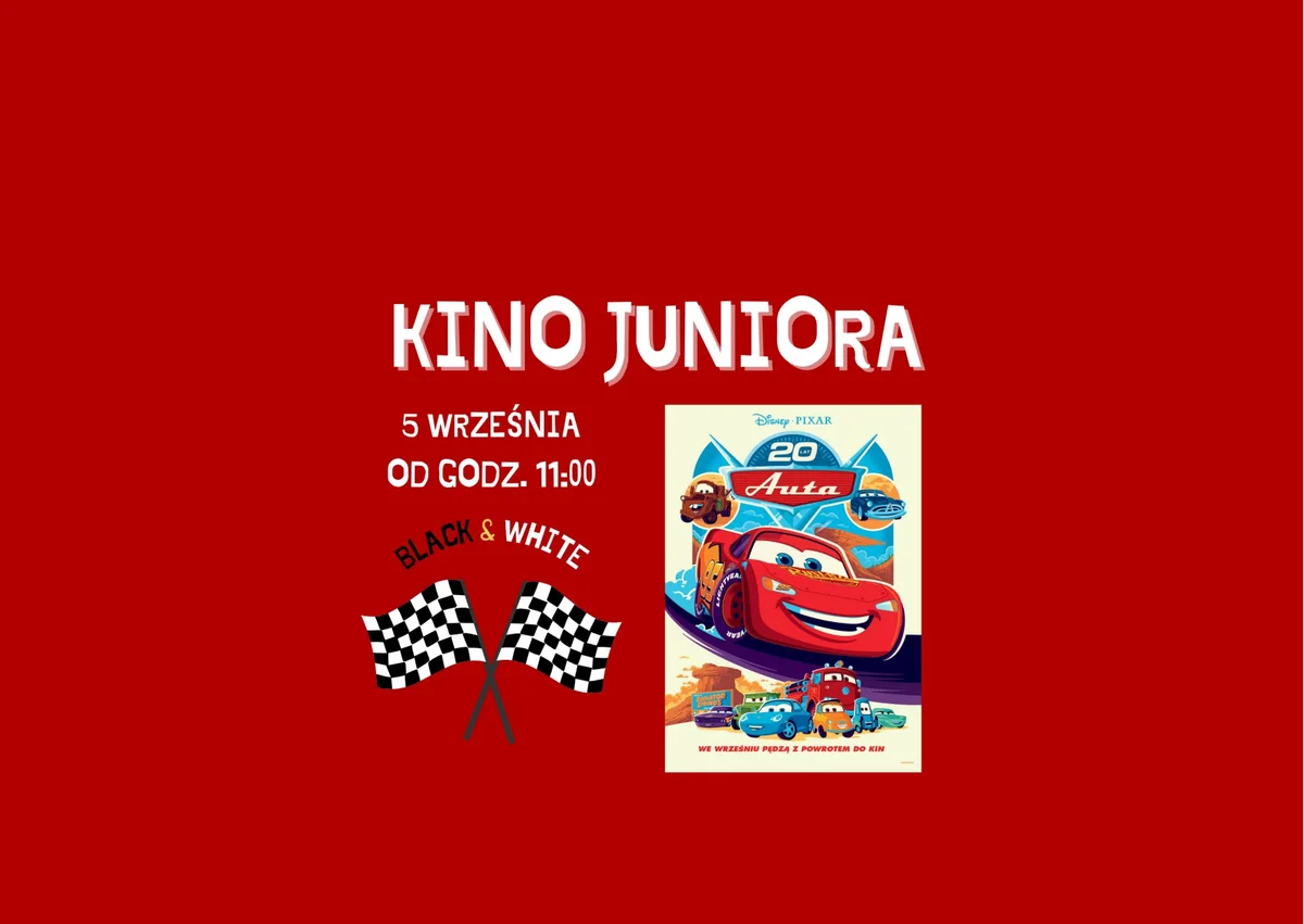 Grafika promocyjna wydarzenia „Auta” we wrześniowym Kinie Juniora