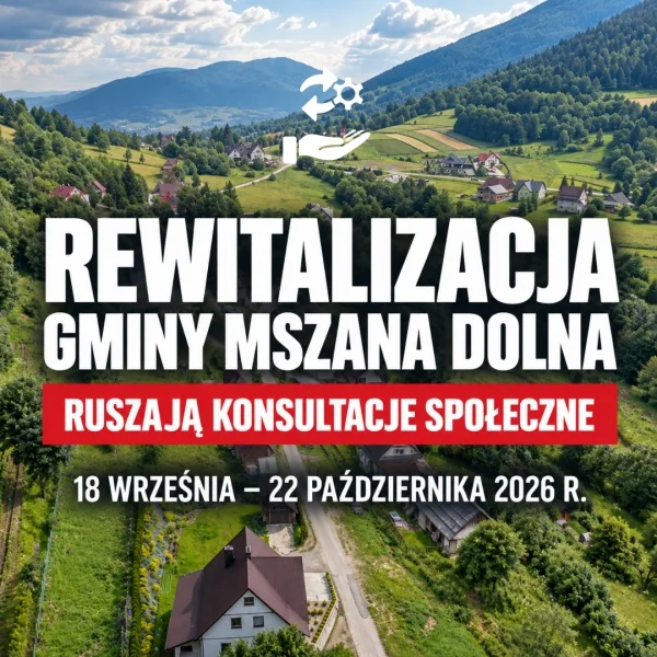 Grafika promocyjna wydarzenia Konsultacje społeczne w sprawie rewitalizacji Gminy Mszana Dolna