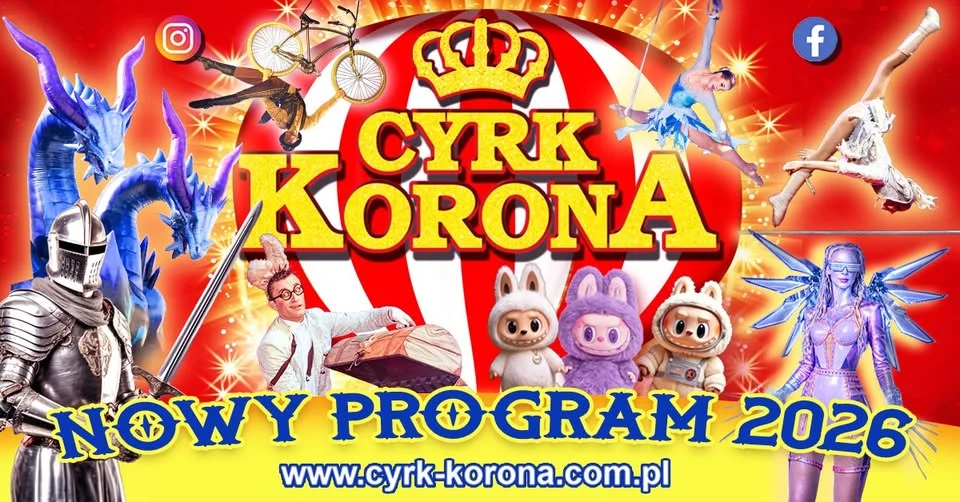 Grafika promocyjna wydarzenia Cyrk Korona w Limanowej: „Cyrkowe Podróże” z nowym programem 2026
