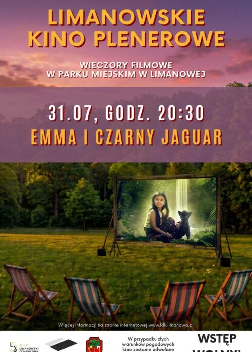 Grafika promocyjna wydarzenia Limanowskie Kino Plenerowe w Parku Miejskim – „Emma i czarny jaguar”