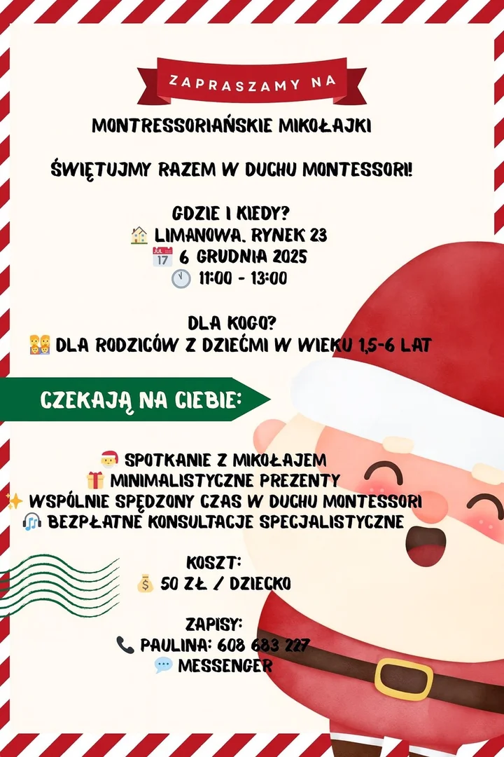 Grafika promocyjna wydarzenia Montressoriańskie Mikołajki w Limanowej — rodzinne spotkanie w duchu Montessori