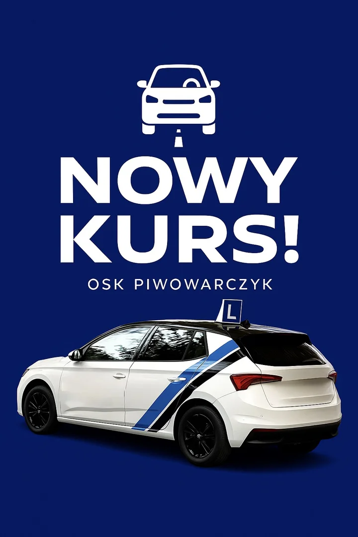 Grafika promocyjna wydarzenia Nowy kurs Nauki Jazdy Piwowarczyk — start 15 grudnia 2025