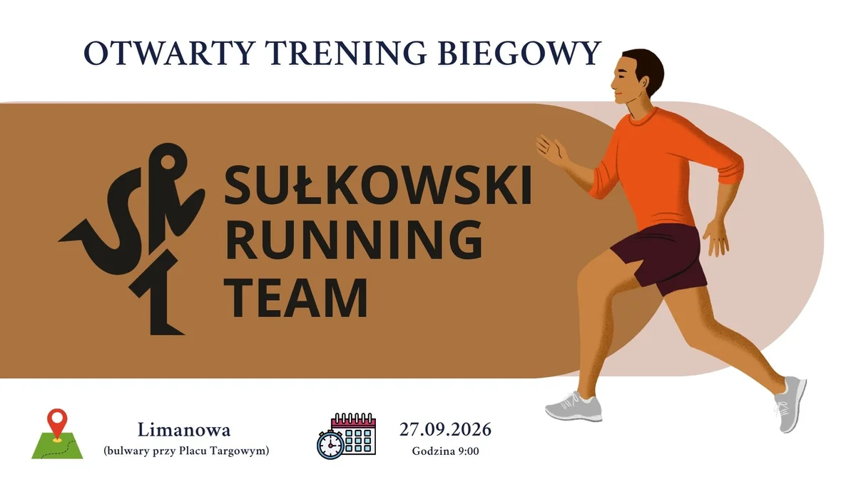 Grafika promocyjna wydarzenia Otwarty trening biegowy Limanowa 2026 – wspólne bieganie