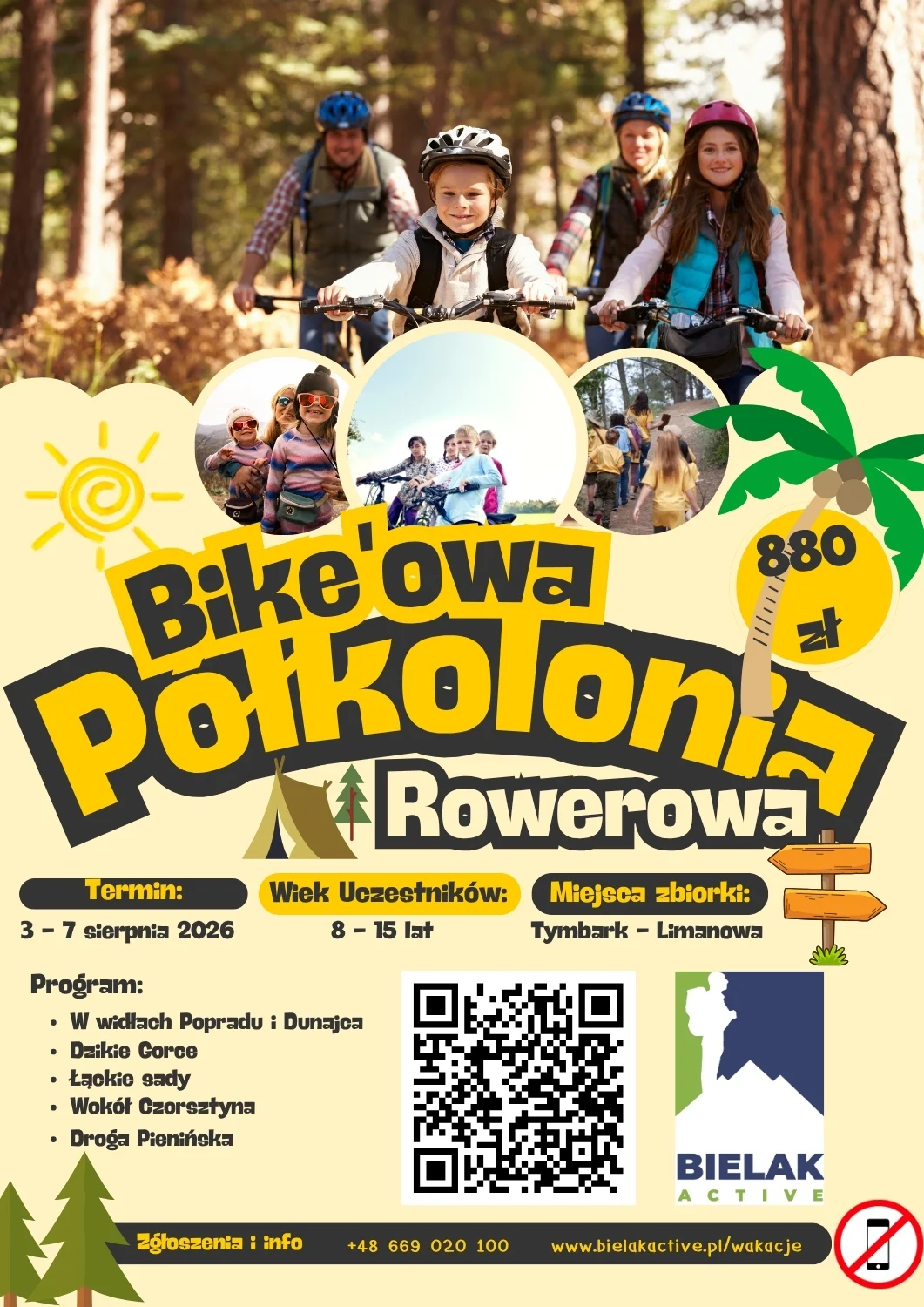 Grafika promocyjna wydarzenia Półkolonia rowerowo-przygodowa Bikeowe wakacje: aktywne wakacje dla dzieci 8–15 lat