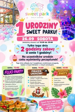 Grafika promocyjna wydarzenia 1. Urodziny Sweet Parku w Limanowej