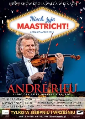 Grafika promocyjna wydarzenia „André Rieu. Niech żyje Maastricht!” – retransmisja letniego koncertu z Maastricht 2026 w kinie Klaps