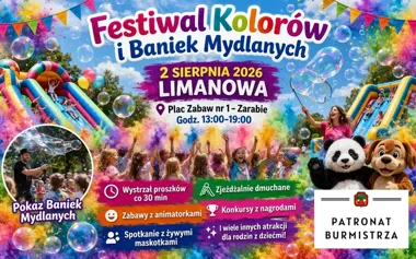 Grafika promocyjna wydarzenia Festiwal Baniek i Kolorów dla rodzin z dziećmi w Limanowej – kolorowa zabawa w Parku Miejskim