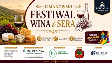 Grafika promocyjna wydarzenia Limanowski Festiwal Wina i Sera w Limanowej – lokalne smaki, muzyka i atrakcje dla dzieci