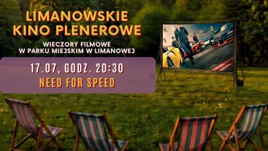 Grafika promocyjna wydarzenia Limanowskie Kino Plenerowe wraca z filmem „Need for Speed” w Parku Miejskim