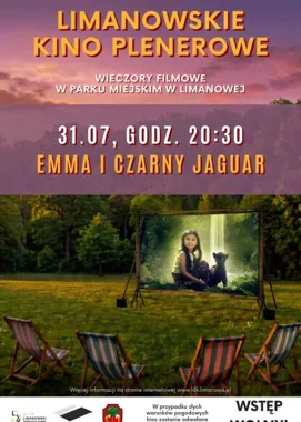 Grafika promocyjna wydarzenia Limanowskie Kino Plenerowe w Parku Miejskim – „Emma i czarny jaguar”