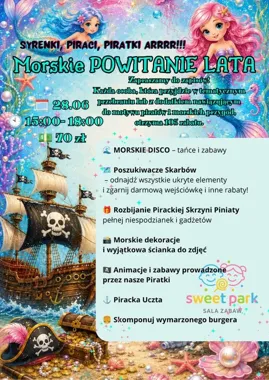 Grafika promocyjna wydarzenia Morskie powitanie lata w Limanowej – piracka zabawa, disco i rodzinne atrakcje