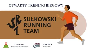 Grafika promocyjna wydarzenia OTWARTY TRENING BIEGOWY #1 - LIMANOWA 2026. Darmowe bieganie w poniedziałek wielkanocny