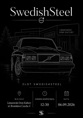 Grafika promocyjna wydarzenia Swedish Steel – spotkanie miłośników szwedzkiej motoryzacji w Limanowej