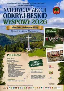 Grafika promocyjna wydarzenia Wyjście turystów na Miejską Górę w ramach akcji „Odkryj Beskid Wyspowy 2026”
