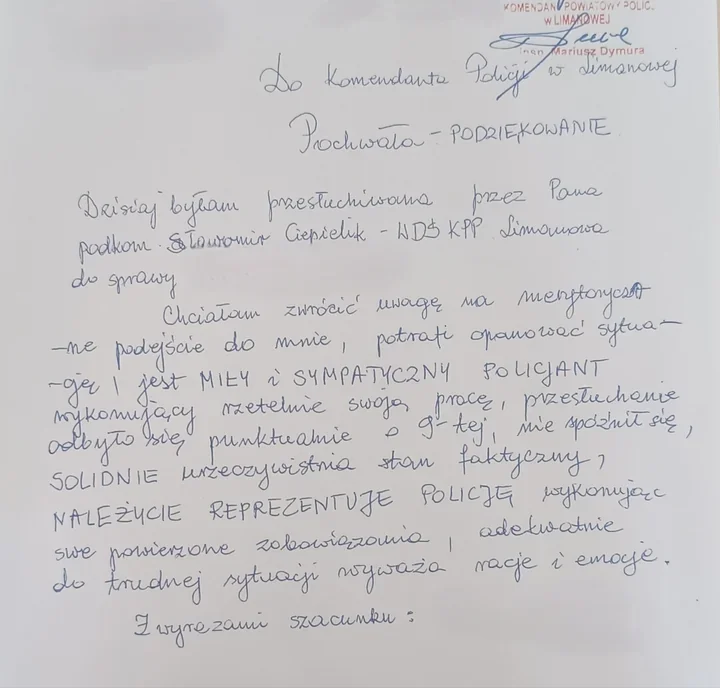 Jedno przesłuchanie wystarczyło. Mieszkanka Limanowej pochwaliła policjanta