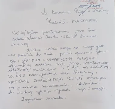 Jedno przesłuchanie wystarczyło. Mieszkanka Limanowej pochwaliła policjanta