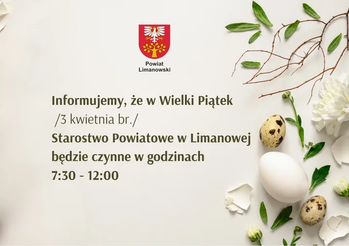 W Wielki Piątek starostwo w Limanowej zamknie się wcześniej niż zwykle